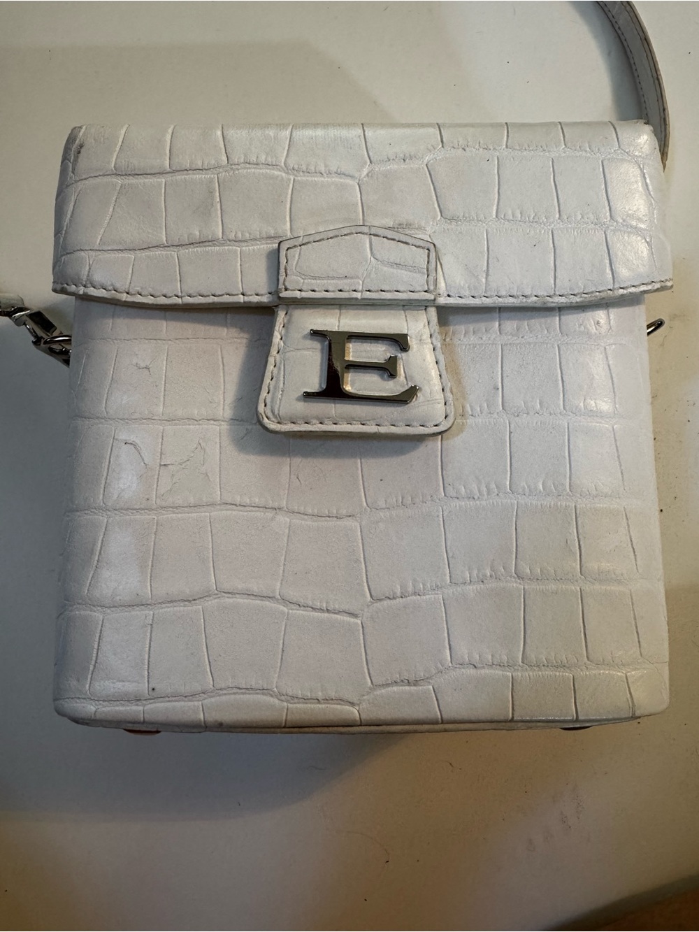 Ermanno Scervino White Croc-Embossed Crossbody with Silver 'E' Detail